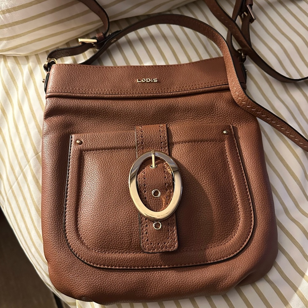 Lodis Camel Pebbled Leather Crossbody Bag Gold Hardware NWT Classic